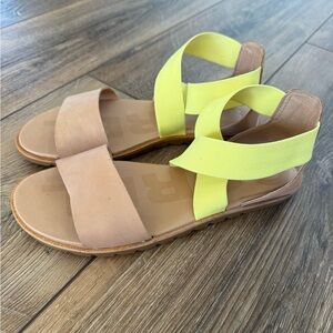 Sorel Tan Sandals with Neon Yellow Elastic Straps